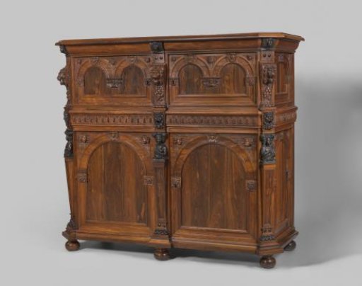 Zeeland cabinet, veneered with various wood species, on turned ball feet and decorated with herm figures and caryatids, cherubs, cartouches and masks