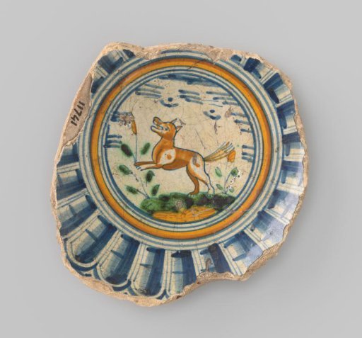 Ceramic Dish, Fragment, with a Jumping Fox on an Orange-Yellow, Blue and Green Field