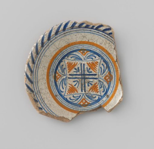 Earthenware dish, fragment with a lozenge containing a cross-shaped figure and a snake