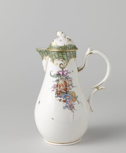 Coffee pot with lid, painted with flowers and ladder motif