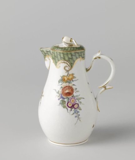 Milk pot with lid, painted with flowers and ladder motif