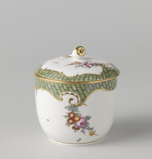 Sugar pot with lid, painted with flowers and ladder motif