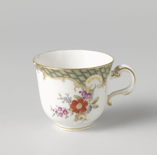 Cup with handle, painted with flowers and ladder motif