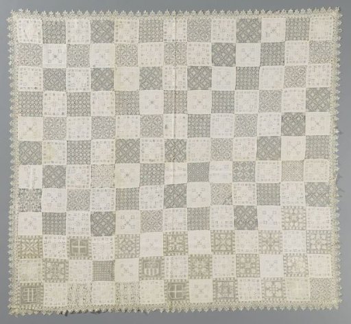 Spread of squares sewn together of needle lace and bobbin lace and embroidered linen with family coats of arms