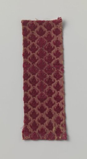 Fragment of silk velvet with a shorn pattern of rows of palmettes in purple-red