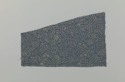 Fragment of blue silk velvet with ferronnerie pattern