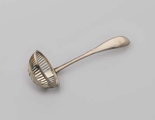 Sugar caster spoon with round, openwork bowl and stem with pointed tip