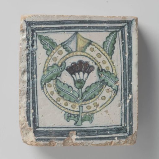 Tile with the coat of arms of the d'Este family, consisting of a flower surrounded by a ring entwined with leafy vines, in a square
