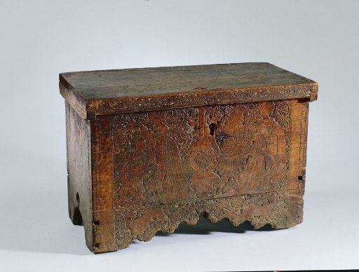 Chest with a Kneeling Nobleman Lute Player, a Standing Noblewoman, and a Knight to the Right
