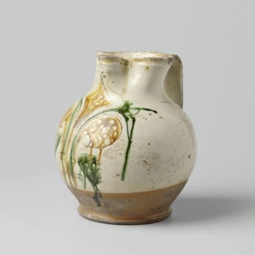 Can, globular with a pinched spout and broad, flat handle, multicolored painted with the Florentine lily
