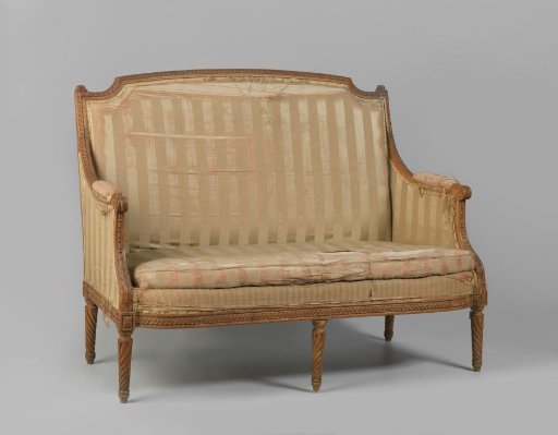 Sofa on five conical legs with fluted cannelures, rectangular backrest with a curved upper frame decorated with a braid band and rosettes