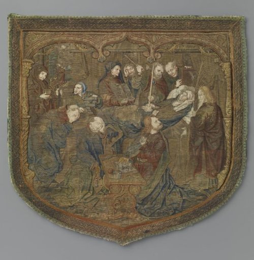 Shield of a cope depicting the Deathbed of the Virgin Mary