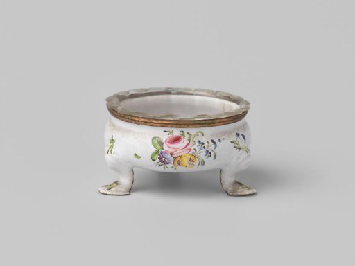Salt cellar of copper, enameled, with a glass bowl featuring a drawing of naturalistic flowers on a white ground.