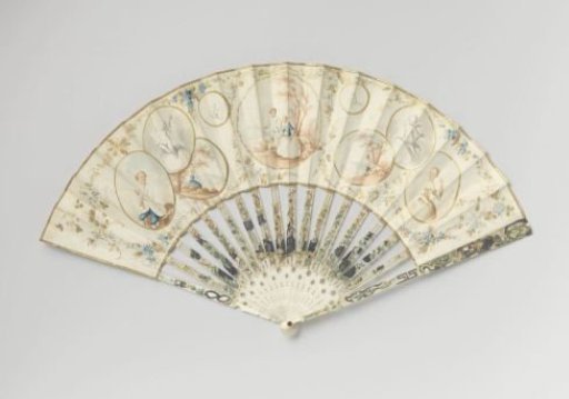 Folding fan with a leather leaf, front with nine medallions in grisaille or sepia tones, reverse side a seated woman in a landscape on a mount of pierced and relief-carved ivory with 'métal en quatre couleurs'
