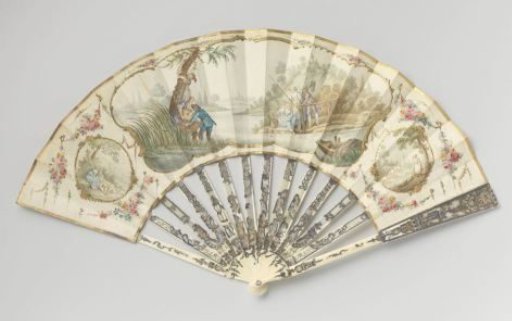 Folding fan with a paper leaf, featuring three cartouches of gold paint on the front with pastoral scenes (fishermen, shepherdess, peasant woman) in watercolour, and the reverse side a fisherman under a tree, on a mount of pierced and relief-carved ivory with 'métal en quatre couleurs'