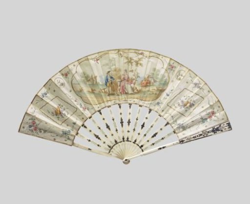 Folding fan with a paper leaf (?) featuring a cartouche with a pastoral scene in watercolour, on a mount of relief-carved ivory with silver leaf