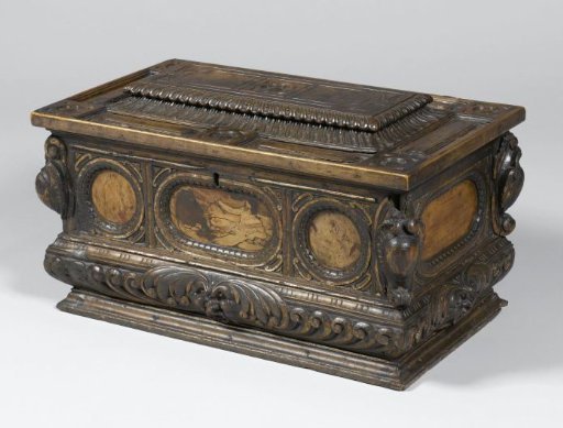 Chest of walnut, front with oval field with river god and a naiad in marquetry