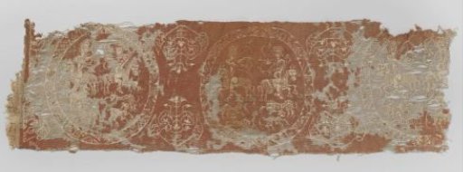 Weaving fragment with three medallions depicting a hunting scene