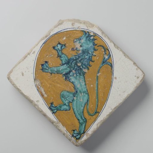 Tile with the coat of arms of the Ordelaffi family, featuring a climbing lion in an oval