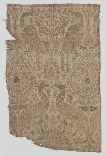 Silk fabric with a pattern of four-legged animals, birds, palmettes, and arabesques