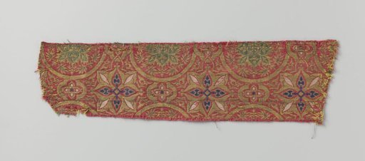 Fragment of red lampas with circles and rosettes in gold and various colors
