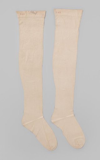 Knitted Stocking of Plain White Silk, with an Embroidered Line Along the Cuff, Ending in a Diamond Shape, and on the Cuff in Red Cross-Stitch 'I.A.G'