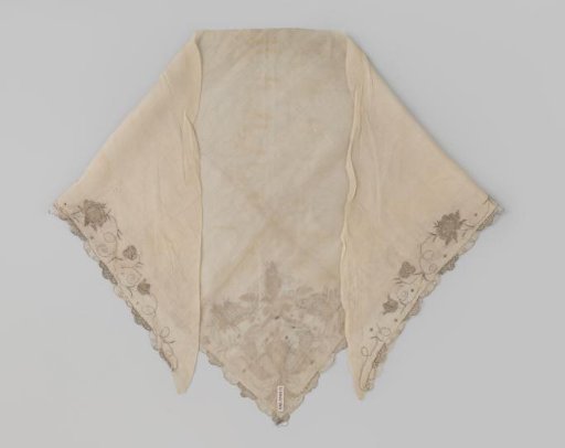 Fichu of natural-colored silk, triangular, scalloped along two sides and embroidered with a floral border of silver thread