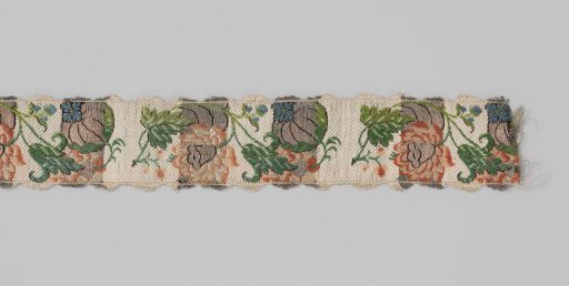 Silk brocade ribbon; on a ground consisting of cream-colored and silver-colored broad stripes, flower branches are applied for decoration