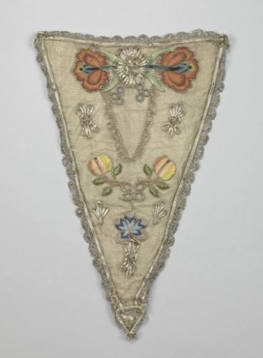 Devant-de-gorge or triangular bodice of silver tulle, upon which multicoloured, embroidered silk flower appliques and bows of gold leaf, surrounded with silver lace