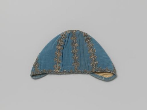 Cap of blue silk embroidered with silver thread