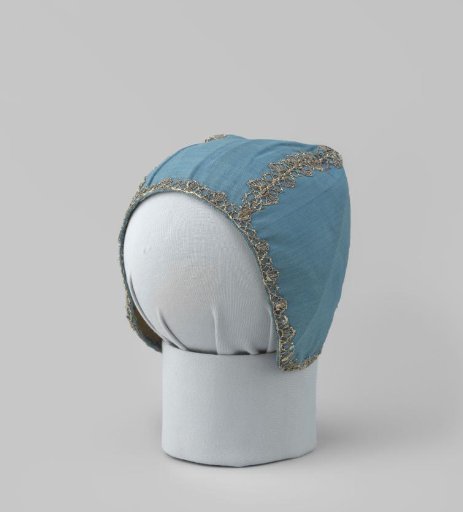 Cap of blue silk embroidered with silver thread