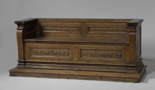 Bench or cassapanca, decorated with pilasters and Ionic capitals, panels with pierced interlacing bands, framed by bands with intarsia