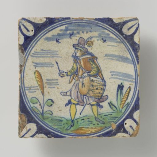 Tile, polychrome painted with a drummer
