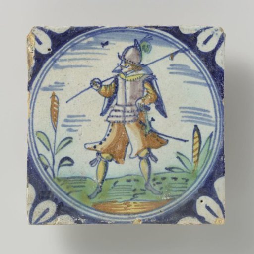 Tile, polychrome painted with a soldier or a standard-bearer