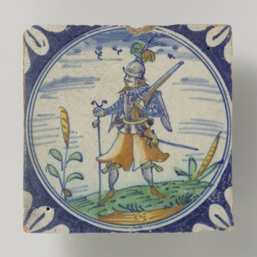 Tile, polychrome painted with a soldier or a standard-bearer