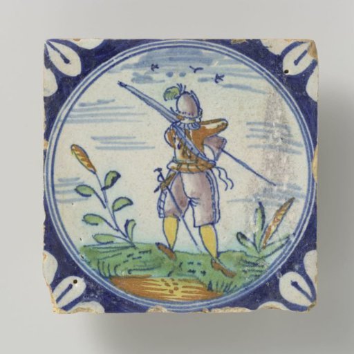 Tile, polychrome painted with a soldier or a standard-bearer