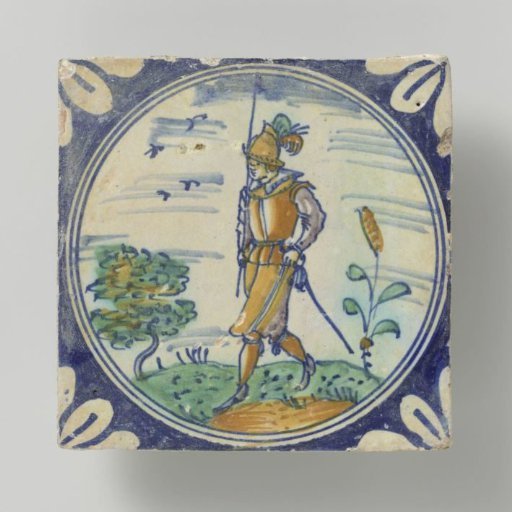Tile, polychrome painted with a soldier or a standard-bearer