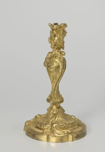 Candelabrum of gilded bronze in the form of a twisted trunk and candle holder, decorated with volute and leaf-shaped rocaille ornaments.