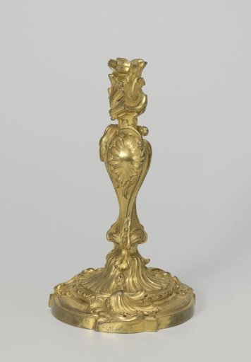 Candelabrum of gilded bronze with twisted trunk and candle holder, decorated with volute and leaf-shaped rocaille ornaments.