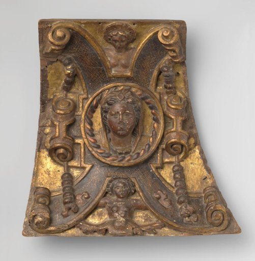 Coffer, decorated with scrollwork cartouche containing a medallion with a veiled woman's head, polychromed and gilded, made of pine