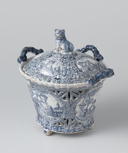 Basket with pierced rim, painted in blue with medallions containing seated female figures