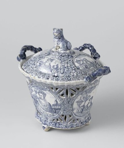 Basket with pierced rim and lid, painted in blue with medallions containing seated female figures
