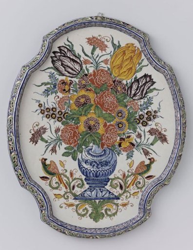 Oval plaque with scalloped edge, polychrome painted with a vase with flowers