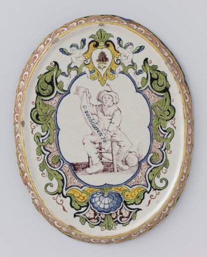Plate, oval, polychrome painted with a seated farmer within a lambrequin border and inscription: G.SACHTLEEVEN