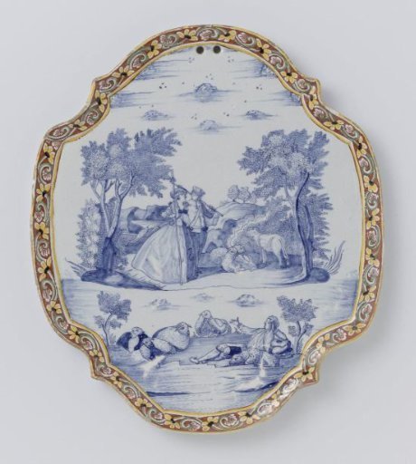 Plate, oval with scalloped edge, with a shepherd scene in blue within a multicoloured floral border