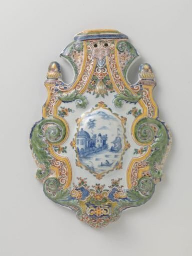Appliqué, cartouche-shaped, with landscape