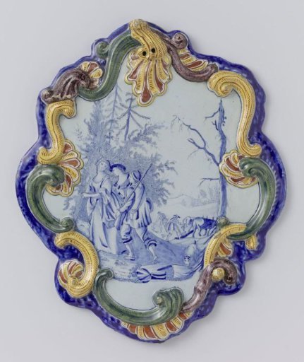 Tile, cartouche-shaped, painted with a shepherd scene