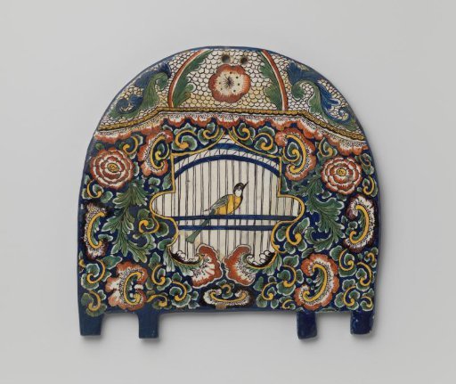 Plate, half-elliptical, multicolored painted with a birdcage