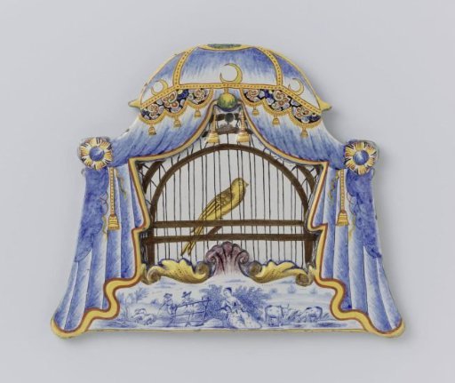 Plate, painted with a birdcage and shepherd scene