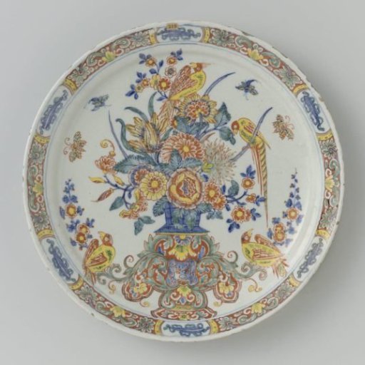 Plate, Colorfully Painted with a Basket of Flowers